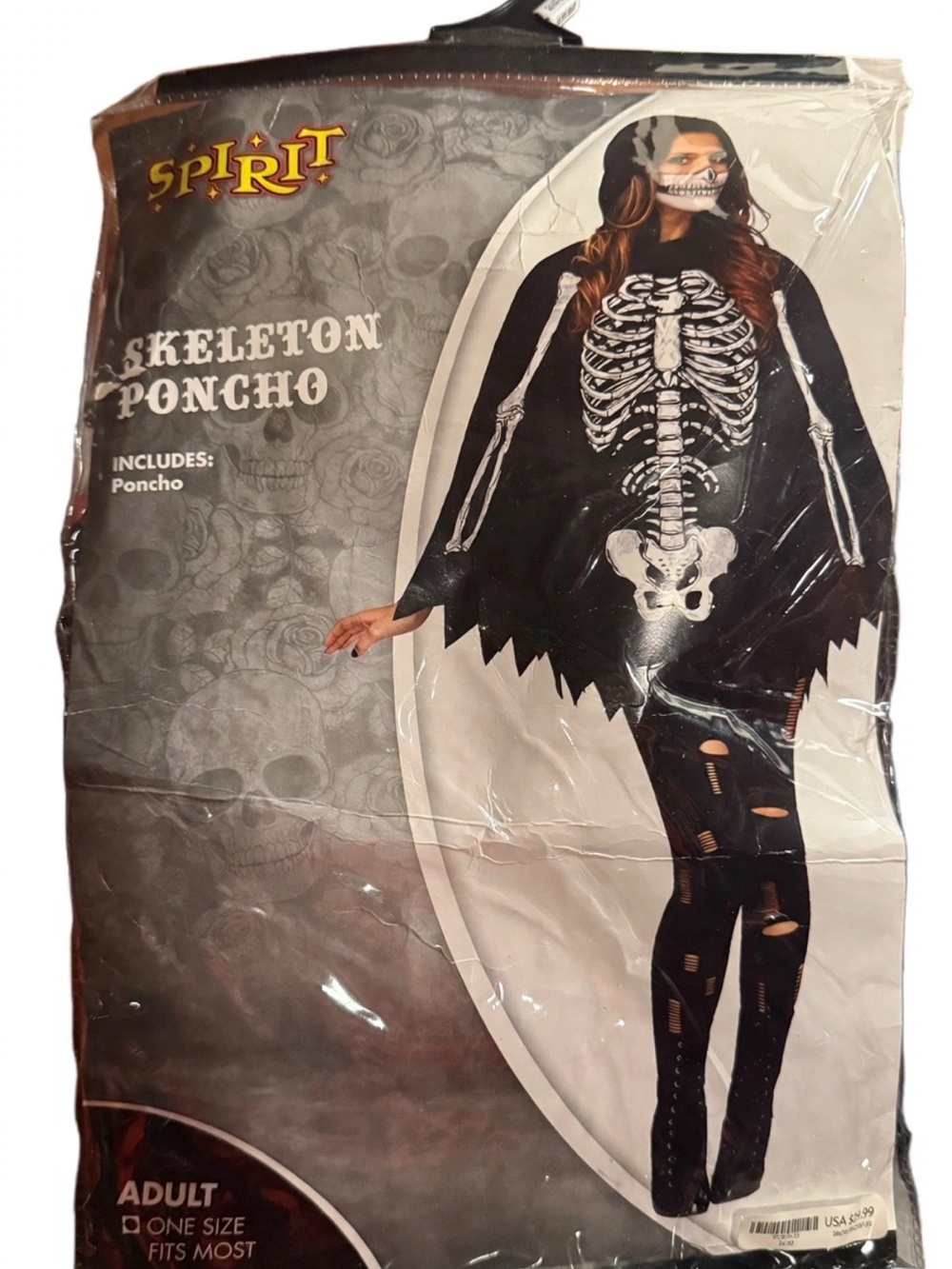 Spirit Black Skeleton Poncho Costume with White Bone Print